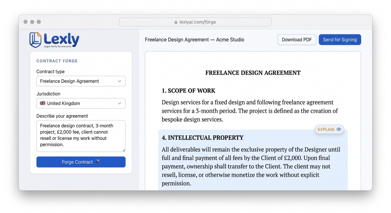 Lexly's Contract Forge generating a freelance design agreement from a plain-English description, with the intellectual property clause highlighted for explanation