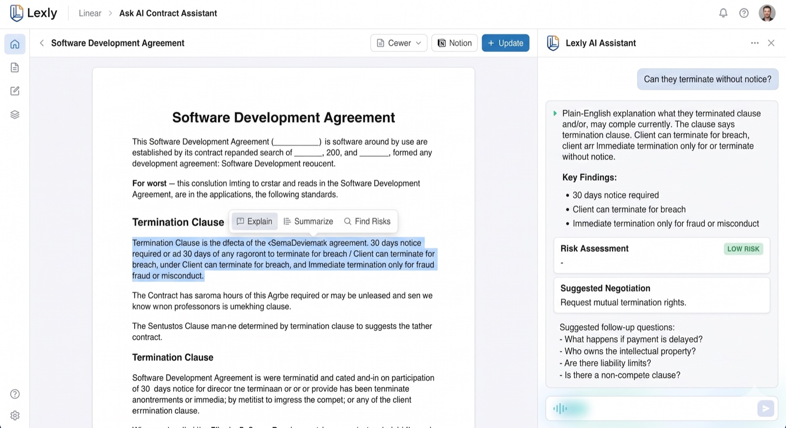 Lexly's Ask AI assistant answering a termination question with key findings and a risk assessment