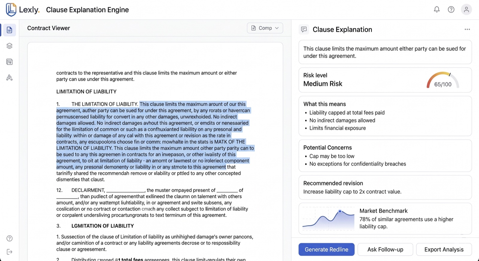 Lexly explaining a limitation-of-liability clause with a risk score and recommended revision
