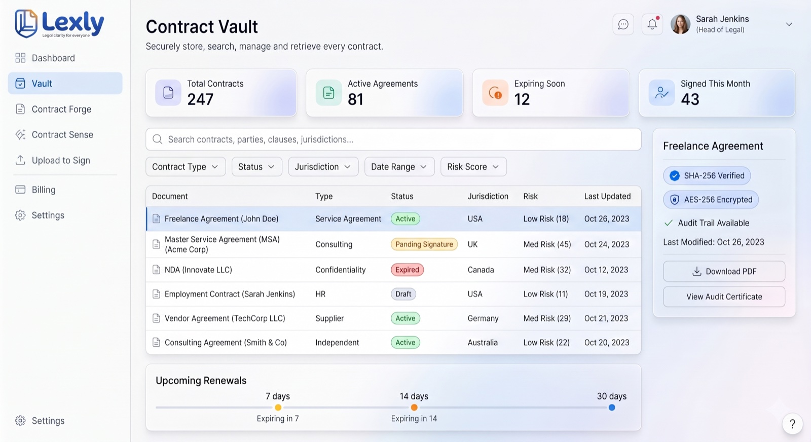 Lexly's Contract Vault showing renewal alerts and risk-scored contracts in one place